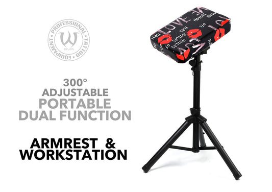 Front view of AVA Portable Armrest with stable tripod design.