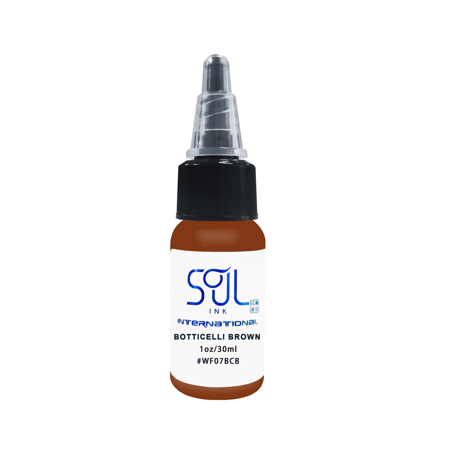Photograph of a bottle of 'Soul Ink' brand Botticelli brown ink. The label prominently displays the brand name 'Soul Ink' in stylish blue typography against a white background. The Botticelli brown 30 ml bottle with a white label featuring the brands name 'Soul Ink'.