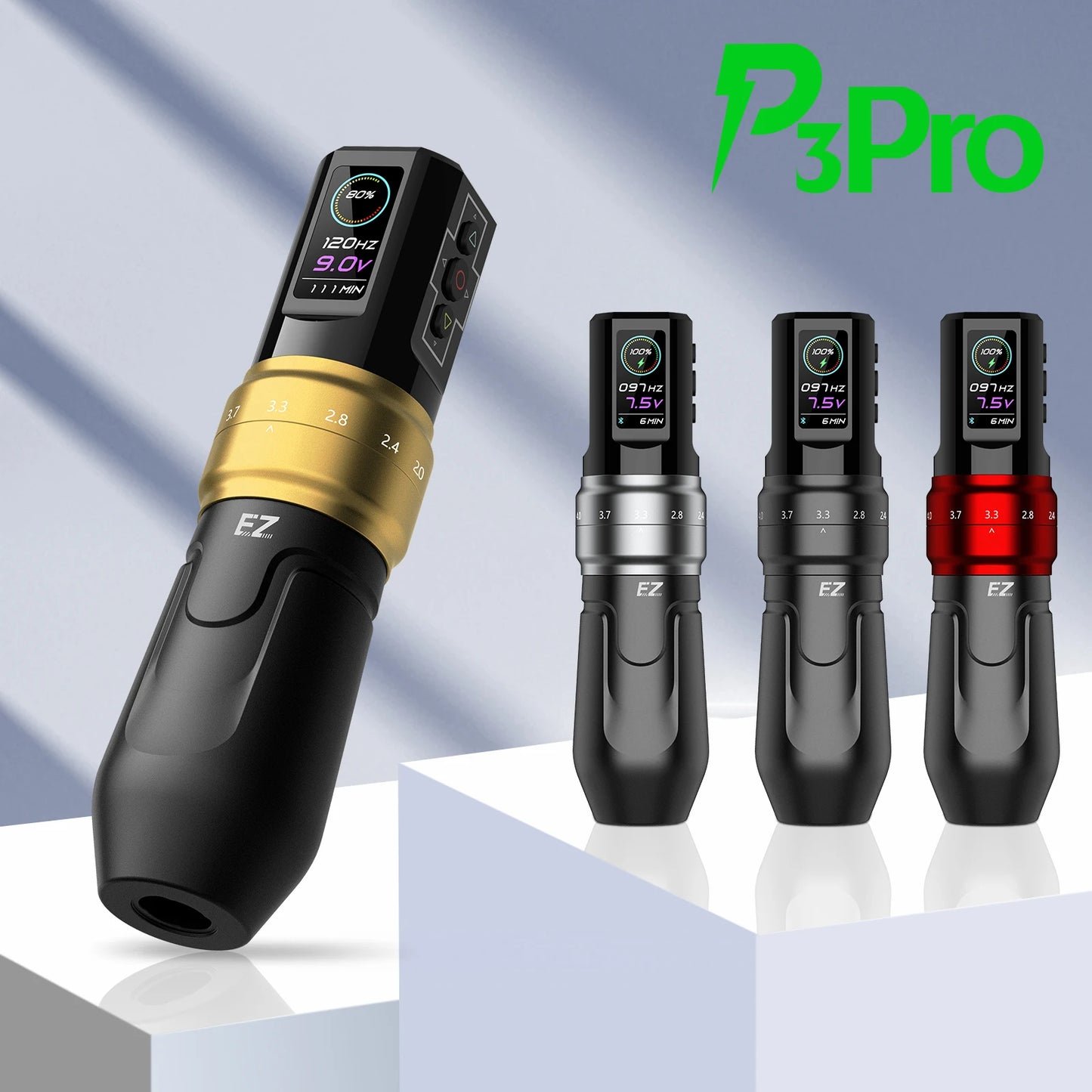 Front view of the EZ P3 Pro Wireless Tattoo Machine with battery pack. All four colours available - gold, silver, black and red.