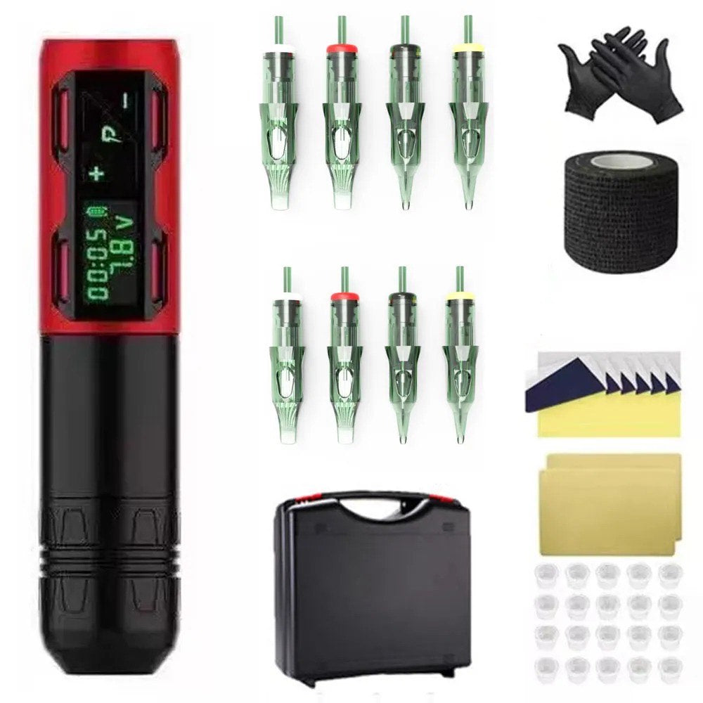 Red EZ Tattoo Starter Kit featuring a pen machine, cartridge needles, black gloves, grip bandage, transfer paper, practice skins, plastic ink cups, and storage box.