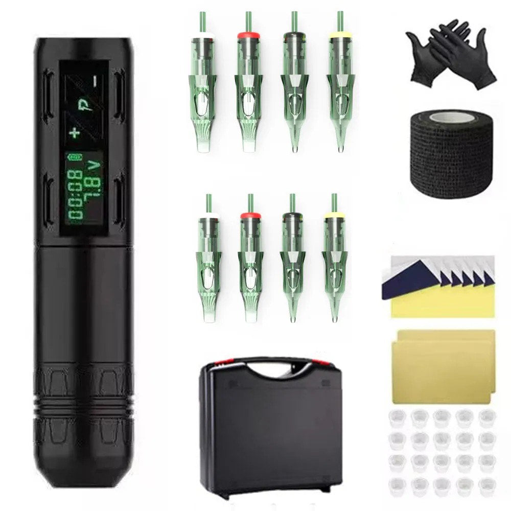 Black EZ Tattoo Starter Kit with a pen machine, cartridge needles, black gloves, grip bandage, transfer paper, practice skins, plastic ink cups, and storage box.