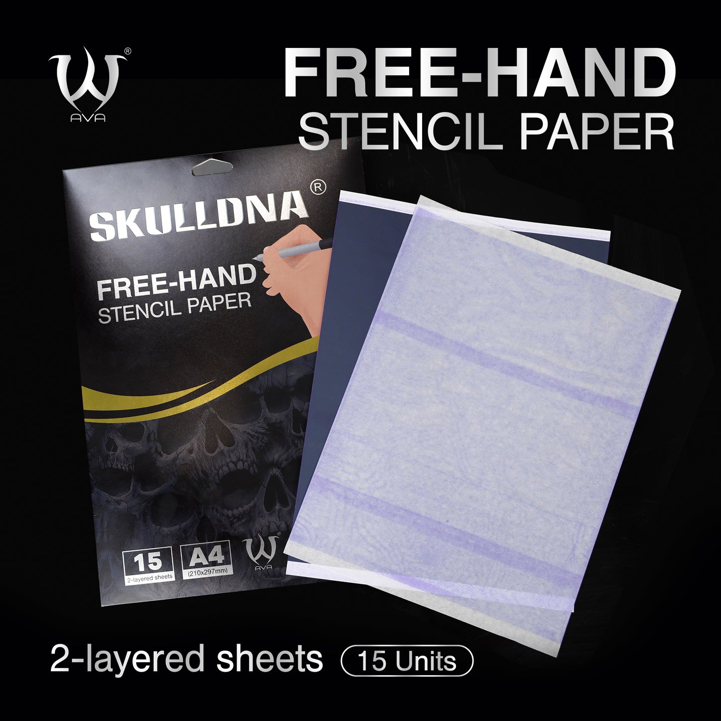SKULLDNA Free-Hand Stencil Paper featuring 15 two-layered sheets for manual stencil creation, ideal for professional tattoo artists