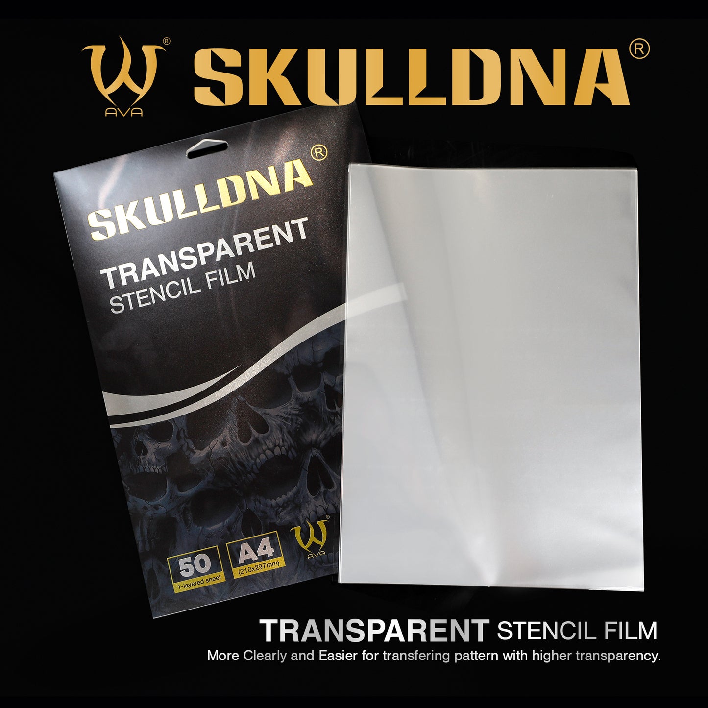 SKULLDNA Transparent Stencil Film packaging with 50 A4-sized sheets for clearer and more precise stencil transfers