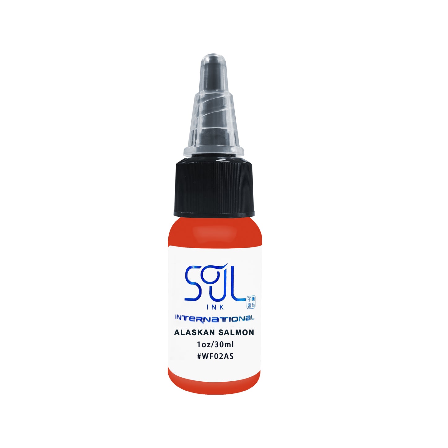 Photograph of a bottle of 'Soul Ink' brand alaskan salmon ink. The label prominently displays the brand name 'Soul Ink' in stylish blue typography against a white background. The alaskan salmon 30 ml bottle with a white label featuring the brands name 'Soul Ink'.