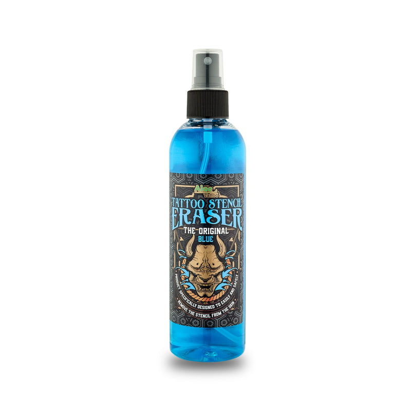 Blue bottle of Tattoo Stencil Eraser - The Original Blue, designed to safely and effectively remove tattoo stencil marks from skin. Features an ergonomic spray bottle and intricate label artwork.