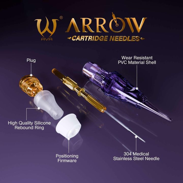 Detailed breakdown of AVA ARROW Cartridge tattoo needles, highlighting individual components: high-quality silicone rebound ring, positioning firmware, 304 medical stainless steel needle, wear-resistant PVC material shell, and plug. The image showcases the innovative engineering and premium materials used in the design for professional tattooing.