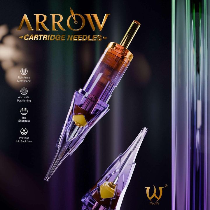 Close-up view of AVA ARROW Cartridge tattoo needles, showcasing their innovative design with reinforced membrane, accurate positioning, sharp needle tips, and anti-backflow features, against a sleek modern background with product branding and logo.