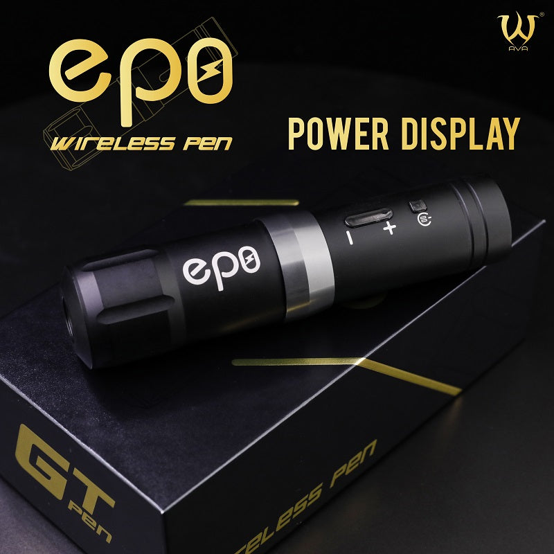 Close-up of the AVA GT Wireless Pen EP8 in black with its power display feature.