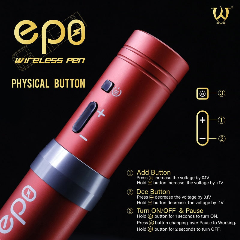 AVA GT Wireless Pen EP8 in red, highlighting its physical button controls for voltage adjustment.