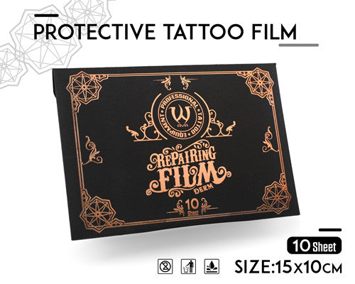 AVA Repairing Film Protective Tattoo Film - 10 sheets, size 15x10 cm, offering waterproof, breathable, flexible, and hypoallergenic protection for fresh tattoos.