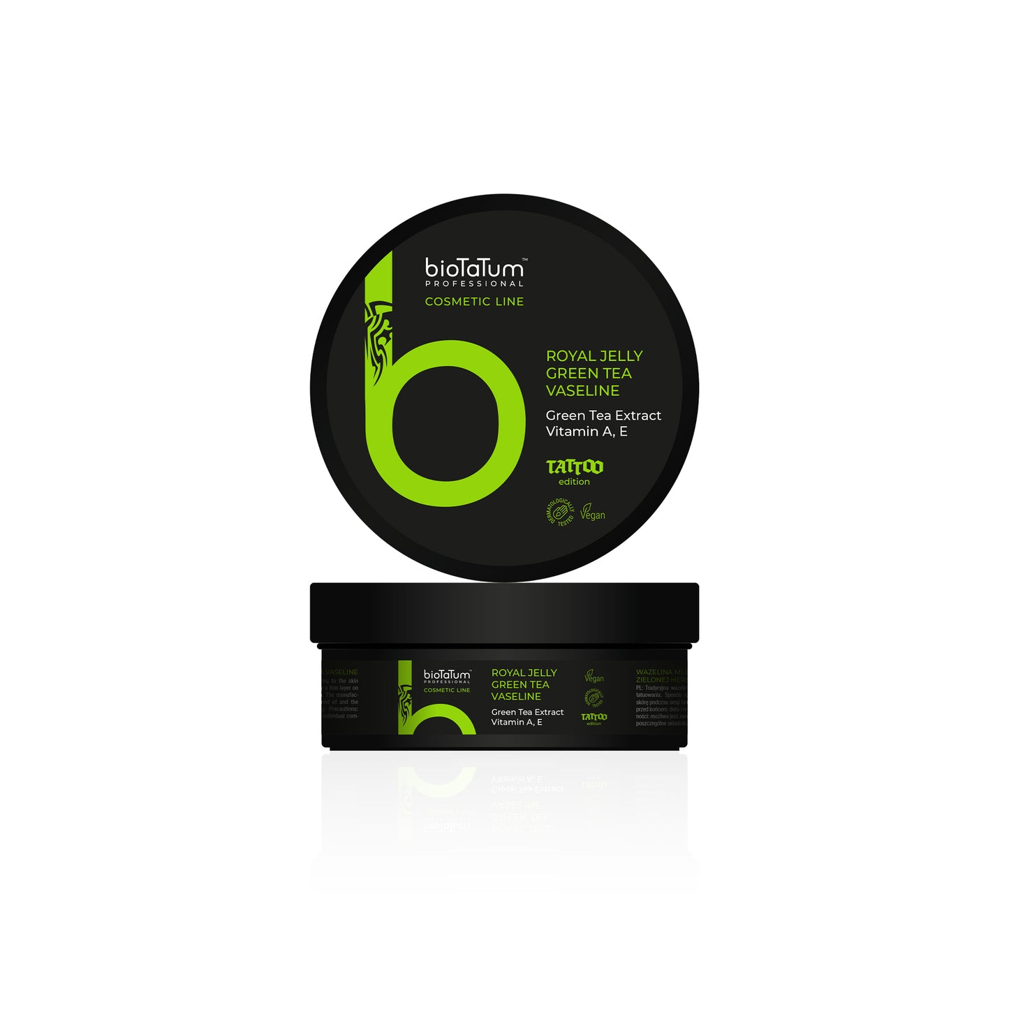 BioTaTum tattoo vaseline with green tea extract and vitamins A & E, calming and protecting the skin.