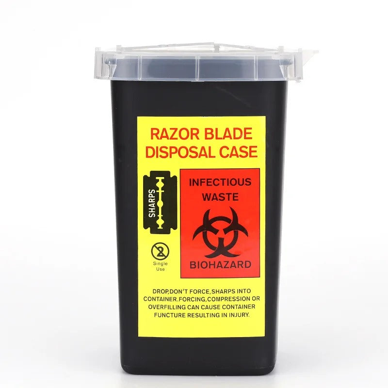 Black biohazard container designed for razor blade disposal with 'Danger' and 'Infectious Waste' labels.