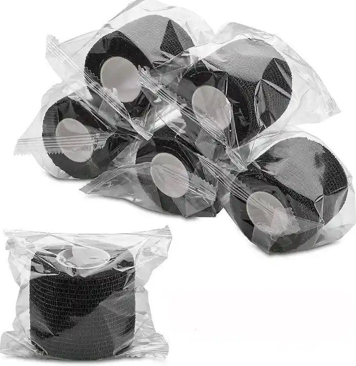 Photograph of a few black waterproof elastic bands. Each band is 5 cm wide, 4.5 meters long.