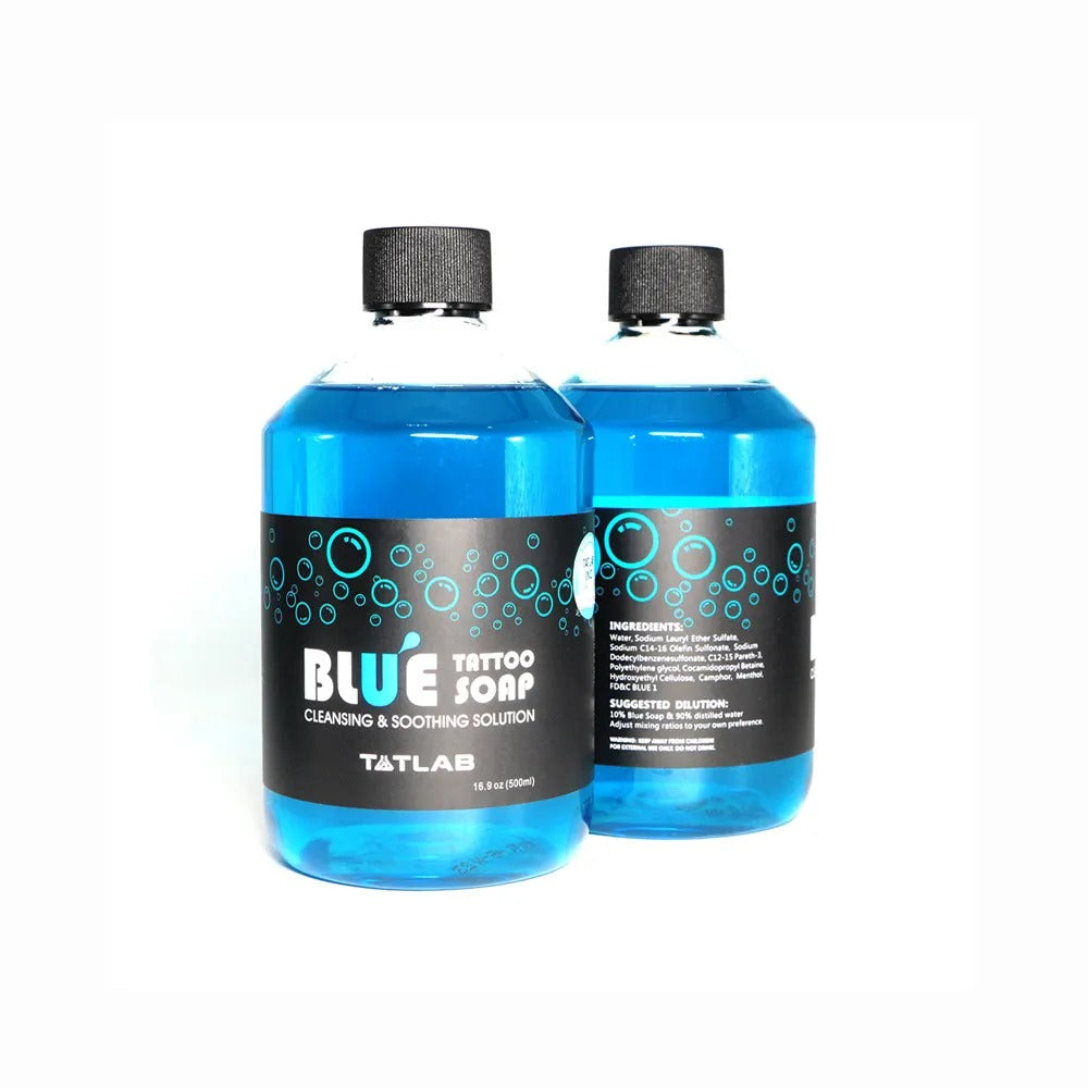Blue Soap cleansing and soothing solution for tattoo procedures, available in 500ml bottles, ideal for professional use.