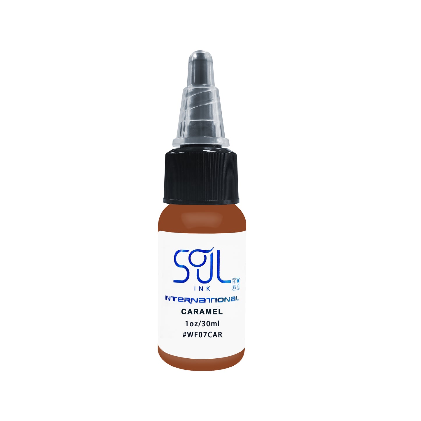 Photograph of a bottle of 'Soul Ink' brand Caramel ink. The label prominently displays the brand name 'Soul Ink' in stylish blue typography against a white background. The caramel 30 ml bottle with a white label featuring the brands name 'Soul Ink'.
