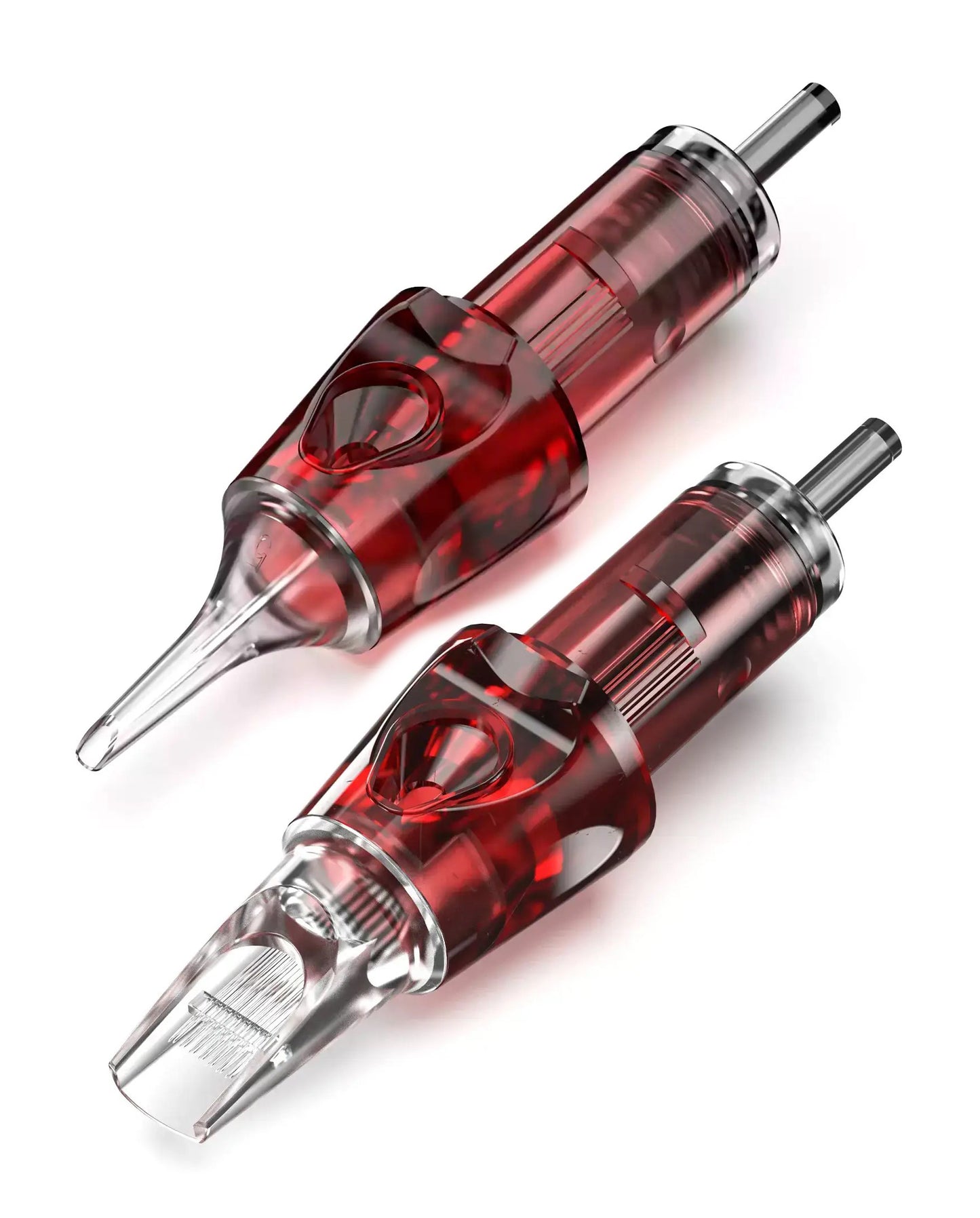 Photograph featuring both a CNC Police Semi-Textured Round Magnum (RM-STX) cartridge and a CNC Police Tattoo Needle Cartridge in the Round Liner configuration. The cartridges are displayed side by side, showcasing their respective designs for versatile tattooing applications.
