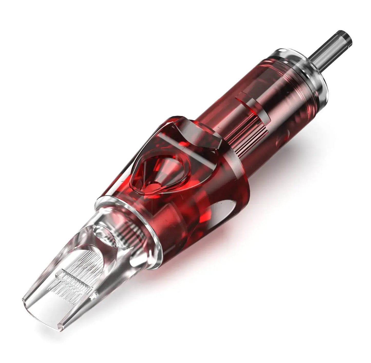 Photograph of a single CNC Police Semi-Textured Round Magnum cartridge (RM-STX). The cartridge is displayed prominently, showcasing its semi-textured design for enhanced grip and precision tattooing.