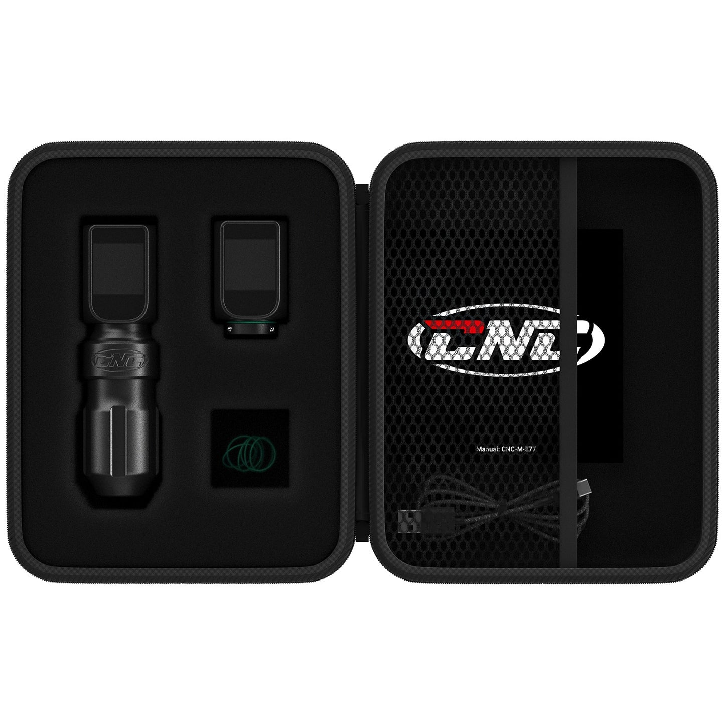 Complete CNC PRO tattoo machine kit showing machine, batteries, cable, and accessories in a sleek presentation.