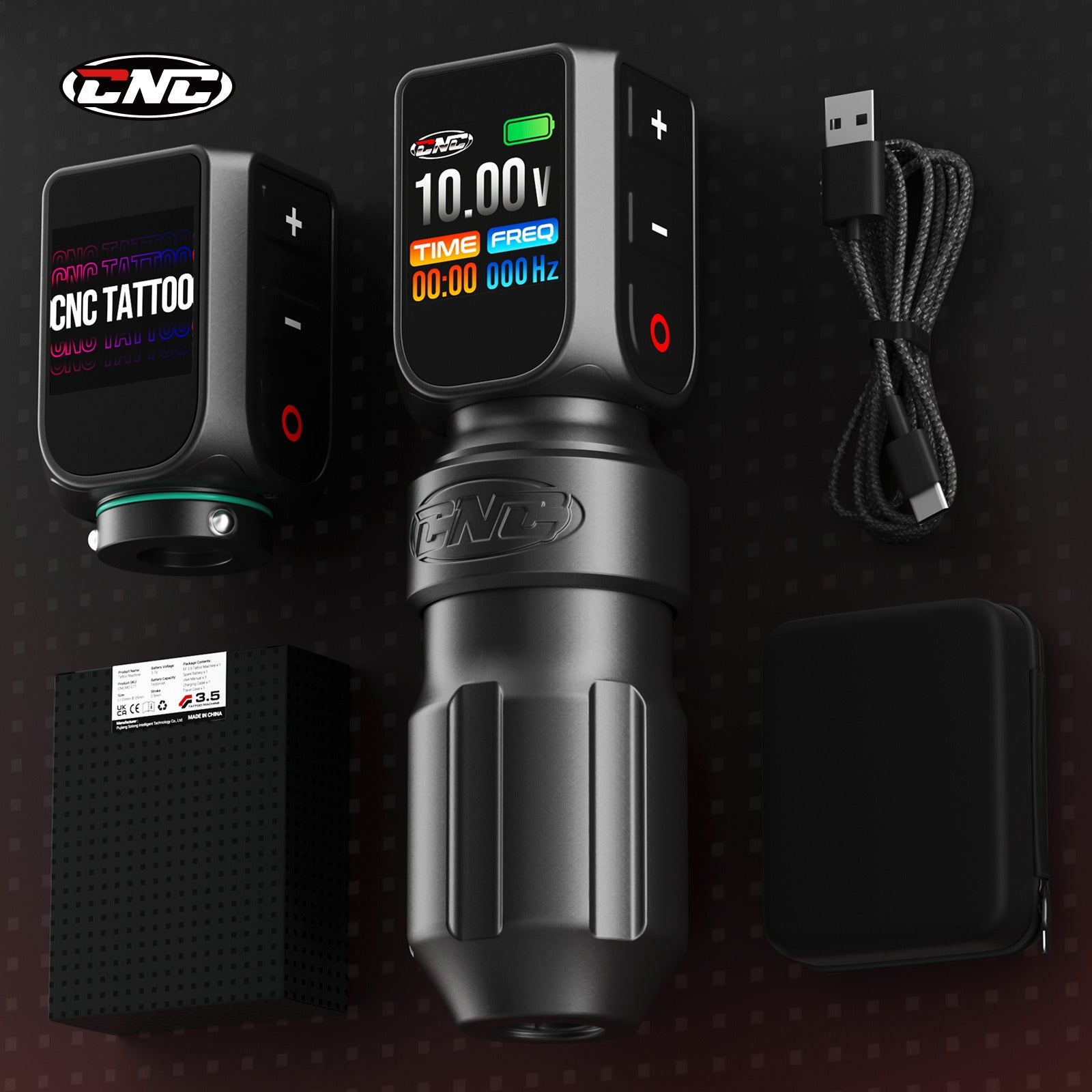 CNC PRO tattoo machine displayed on a professional workspace with stylish and modern design.