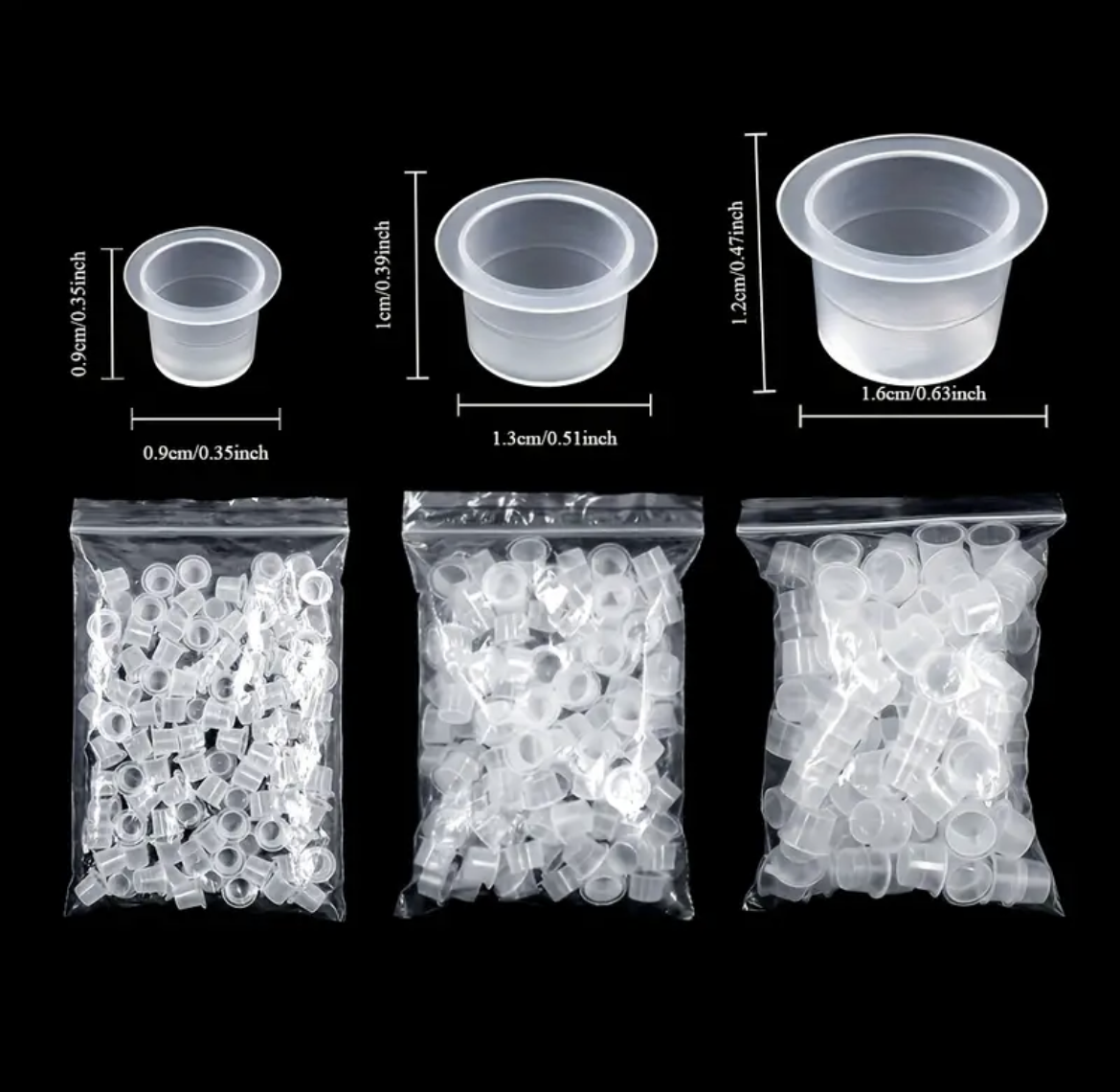 Image showcasing three sizes of conical paint caps (small, medium, large) with corresponding dimensions and packaging bags containing each size. Ideal for precise and versatile use in painting or tattooing.