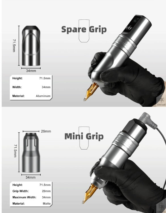 Spare grip and mini grip options for the DK-W1 PRO Wireless Tattoo Machine.