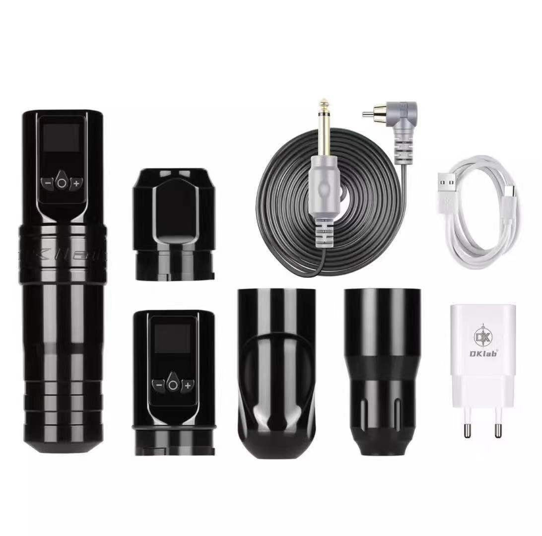 Complete DK-W1 PRO Tattoo Kit featuring machine, grips, cables, and charger.