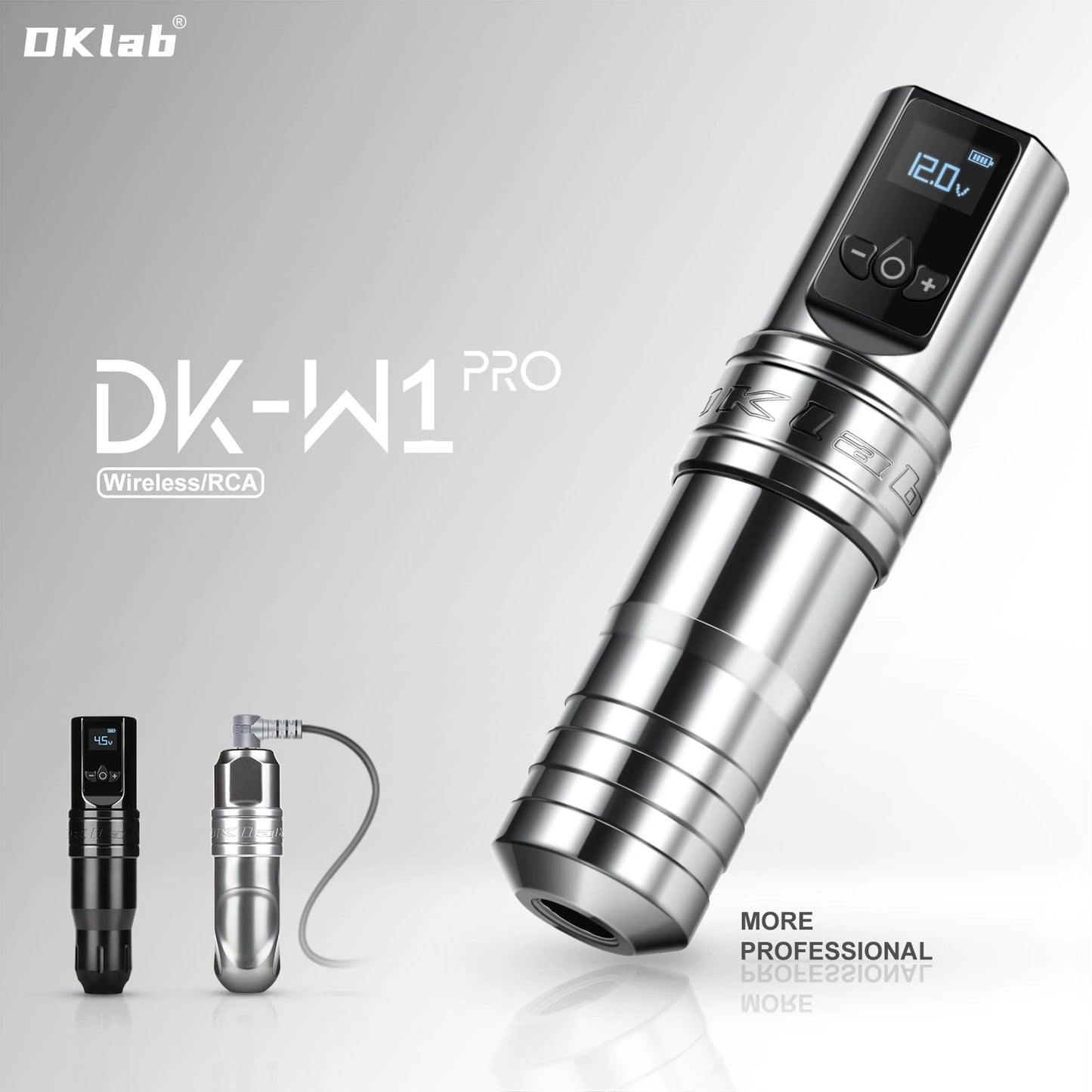 DK-W1 PRO Wireless Tattoo Machine showcasing sleek silver design and digital display.