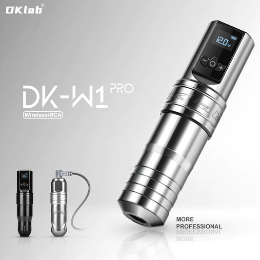 DK-W1 PRO Wireless Tattoo Machine showcasing sleek silver design and digital display.