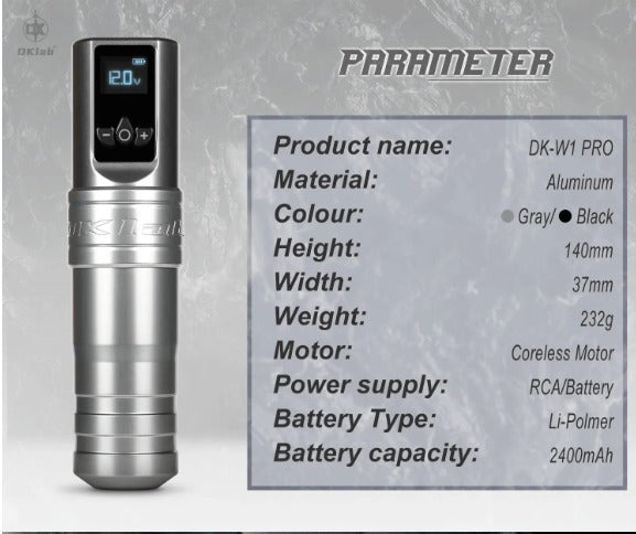 Detailed product specifications for DK-W1 PRO Wireless Tattoo Machine.