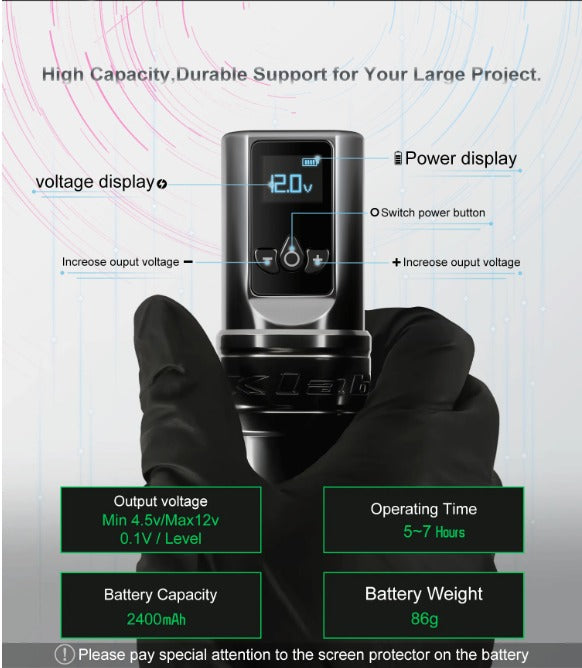 High-capacity battery and voltage display on the DK-W1 PRO Tattoo Machine.