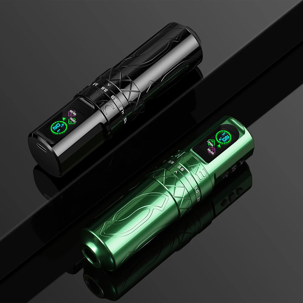 Side-by-side view of DKlab tattoo machines in sleek black and metallic green finishes.