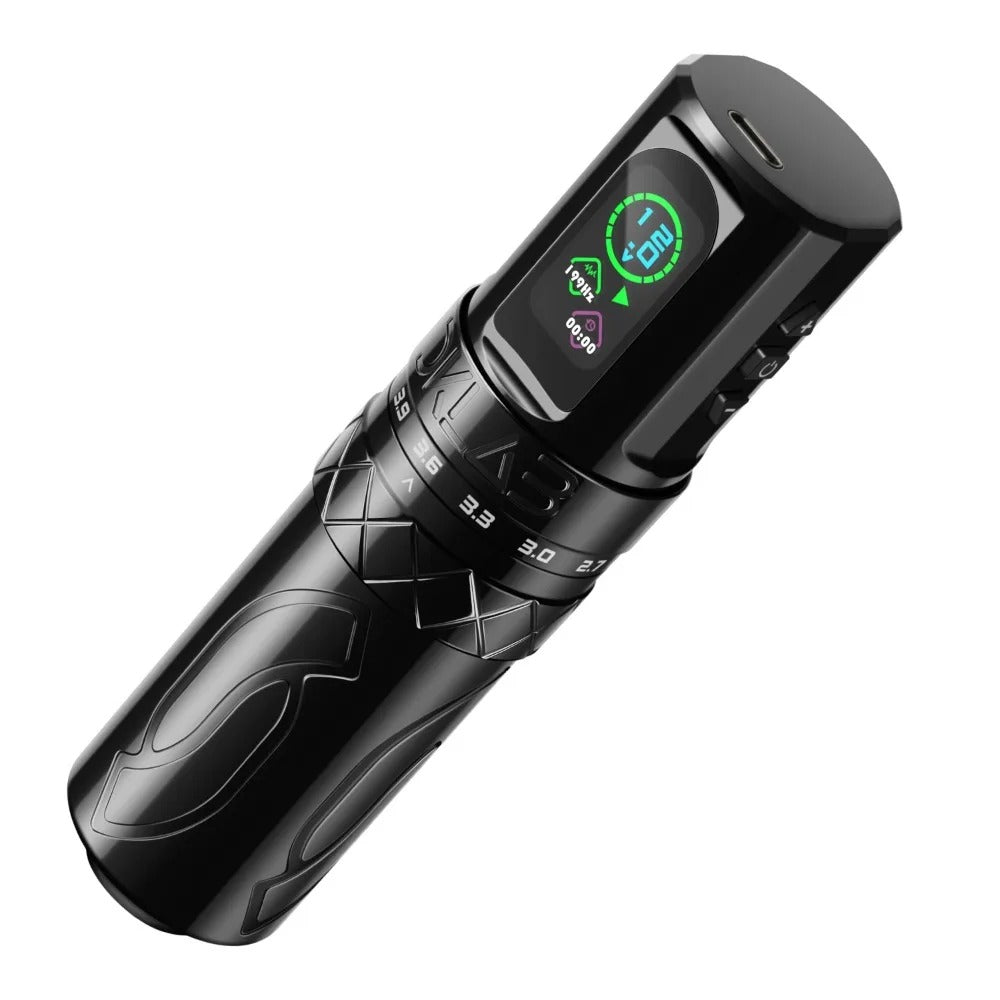 Sleek black DKlab rotary tattoo machine with ergonomic design and digital display.