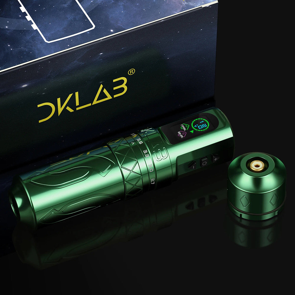 Green DKlab rotary tattoo machine displayed with packaging and a detachable grip module