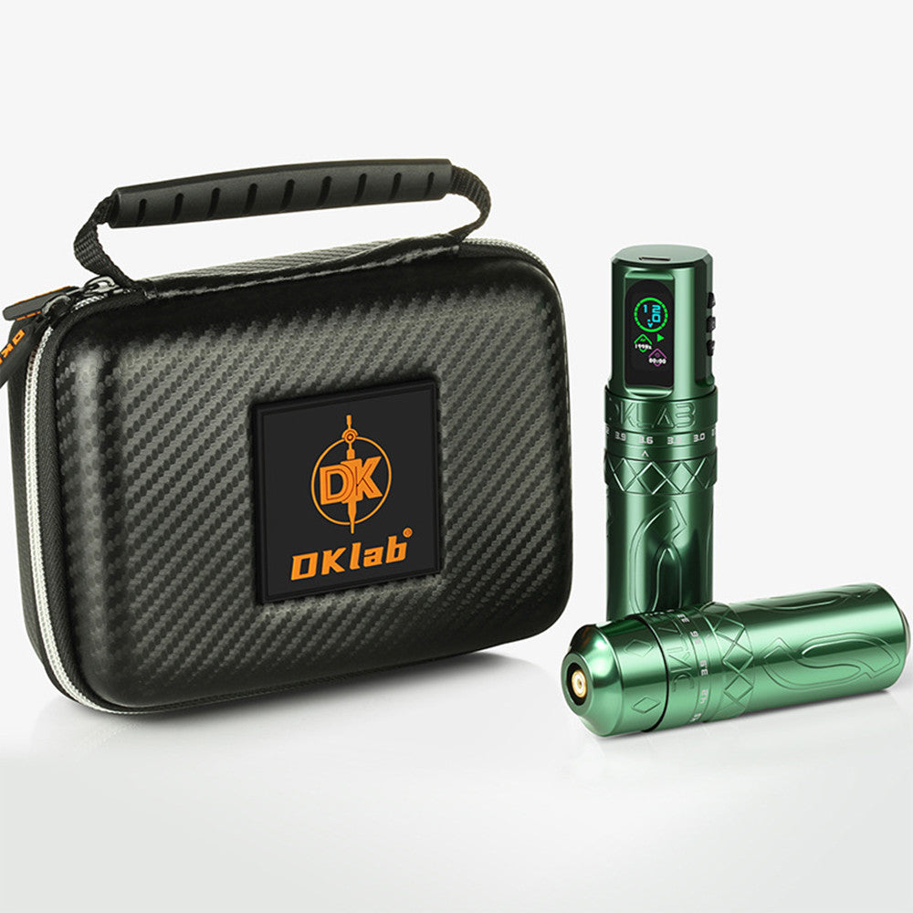 DKlab tattoo machine in green with a carbon fiber carrying case showcasing the brand's logo.