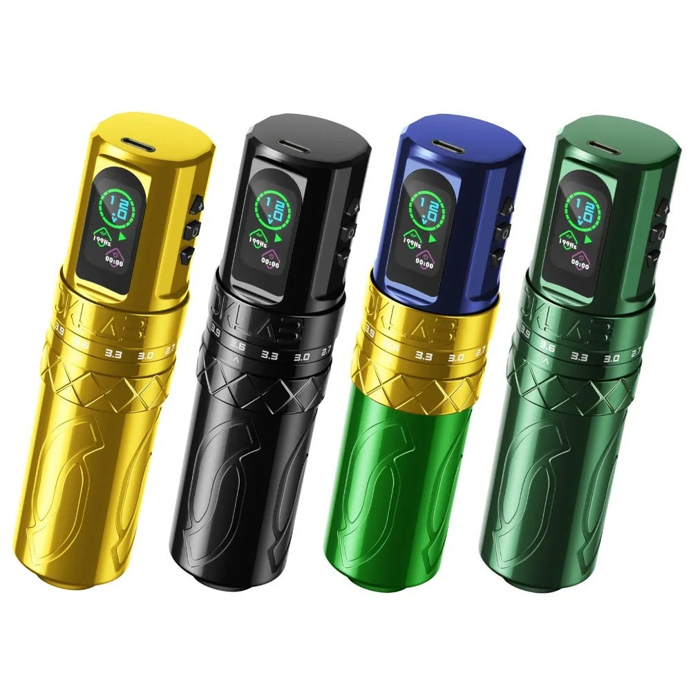 Four DKlab tattoo machines in gold, black, blue, and green, showcasing vibrant color options and ergonomic design.