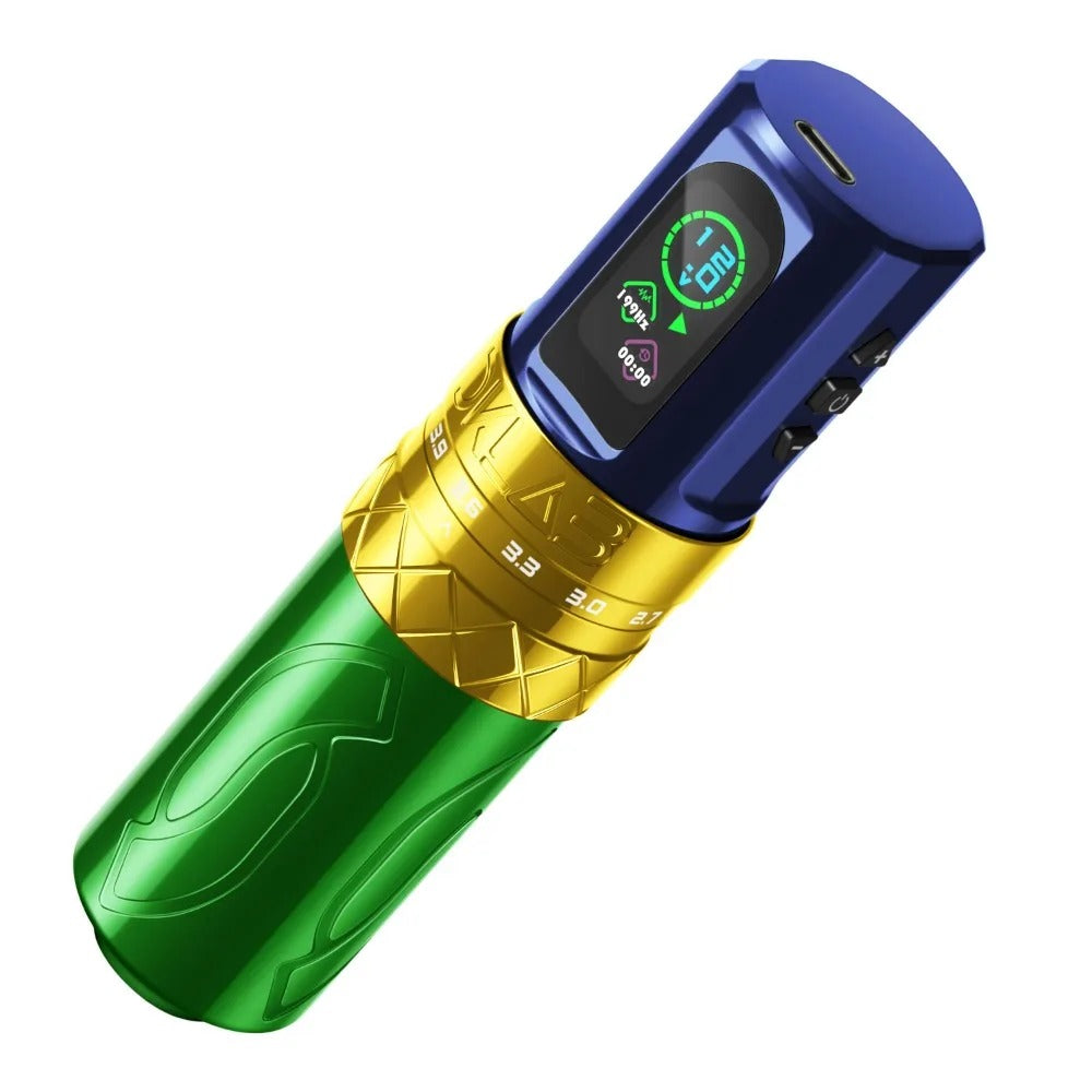 DKlab rotary tattoo machine with a green handle, gold grip, and blue top, highlighting its colorful design.