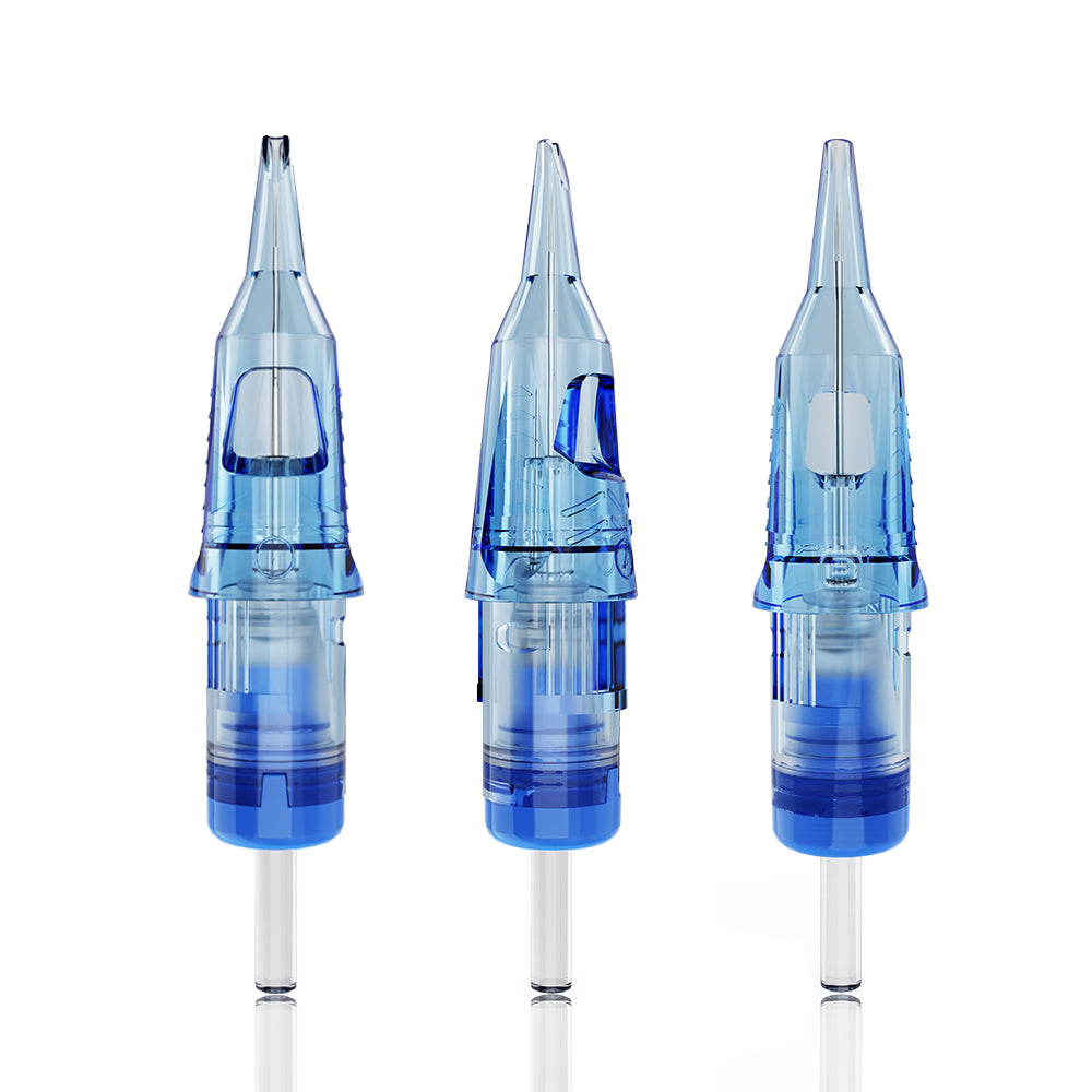 Detailed view of EMALLA ELIOT PRO cartridges with square plastic prongs and stabilizers for enhanced precision and durability.