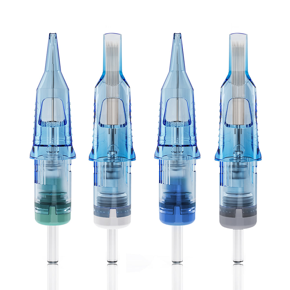 A set of EMALLA ELIOT PRO cartridge needles showcasing various configurations and color-coded caps for easy identification.