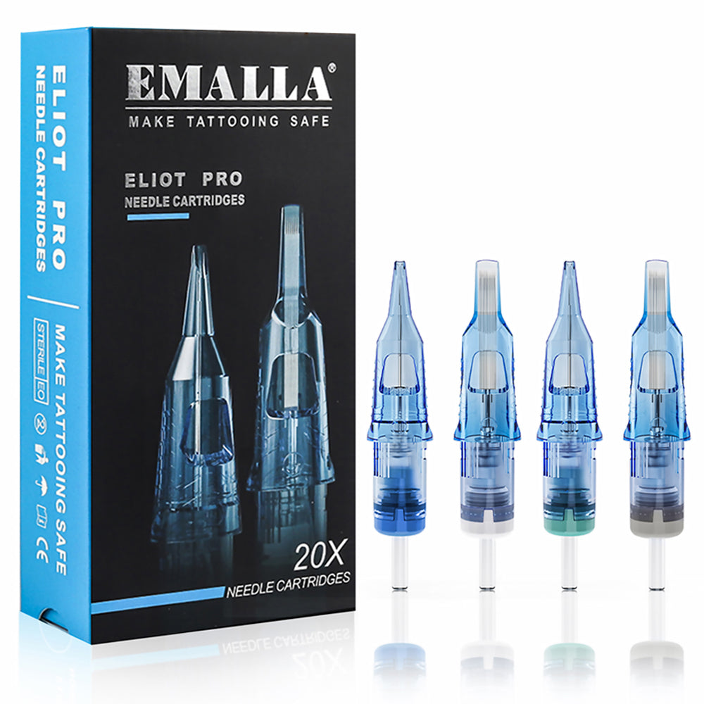 EMALLA ELIOT PRO Cartridge Needles Box displaying high-quality tattoo needles for professional use, with clear packaging and a sleek design.