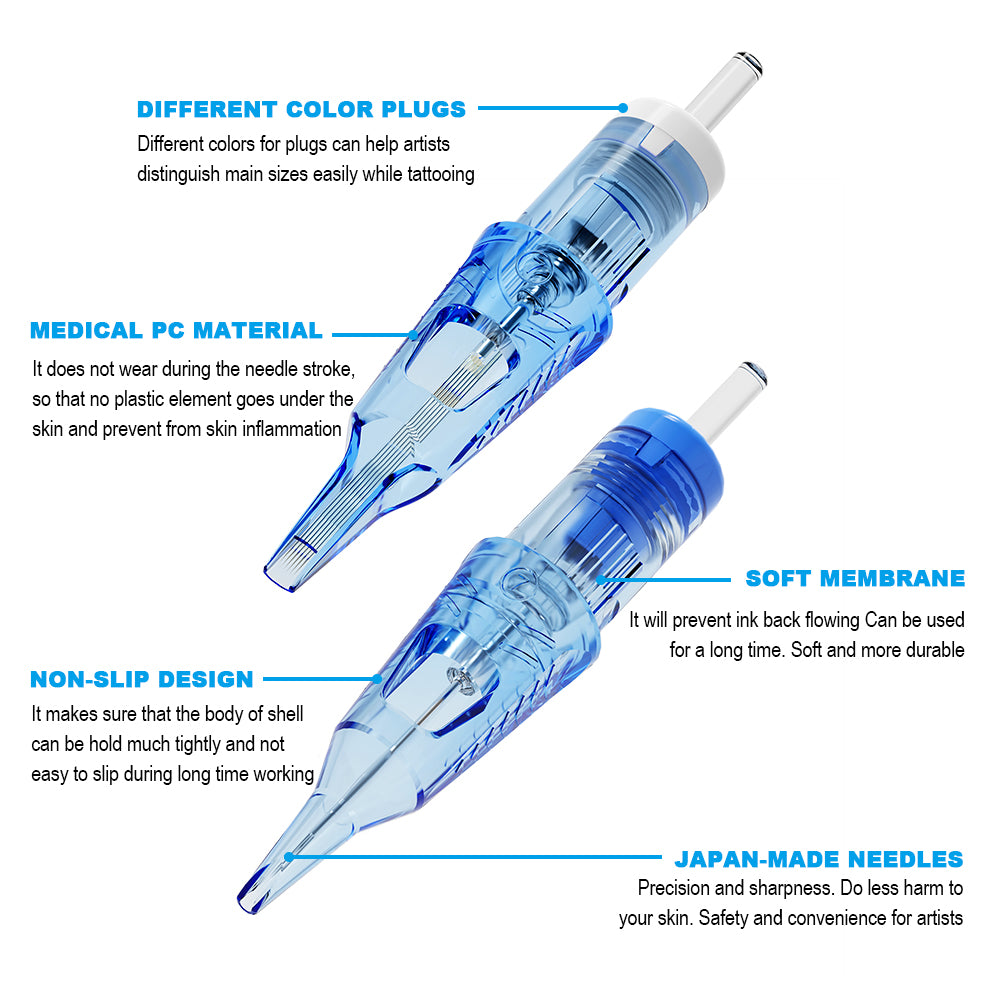 Informational graphic detailing the features of EMALLA ELIOT PRO cartridge needles, including membrane system, stability, and high-quality materials.