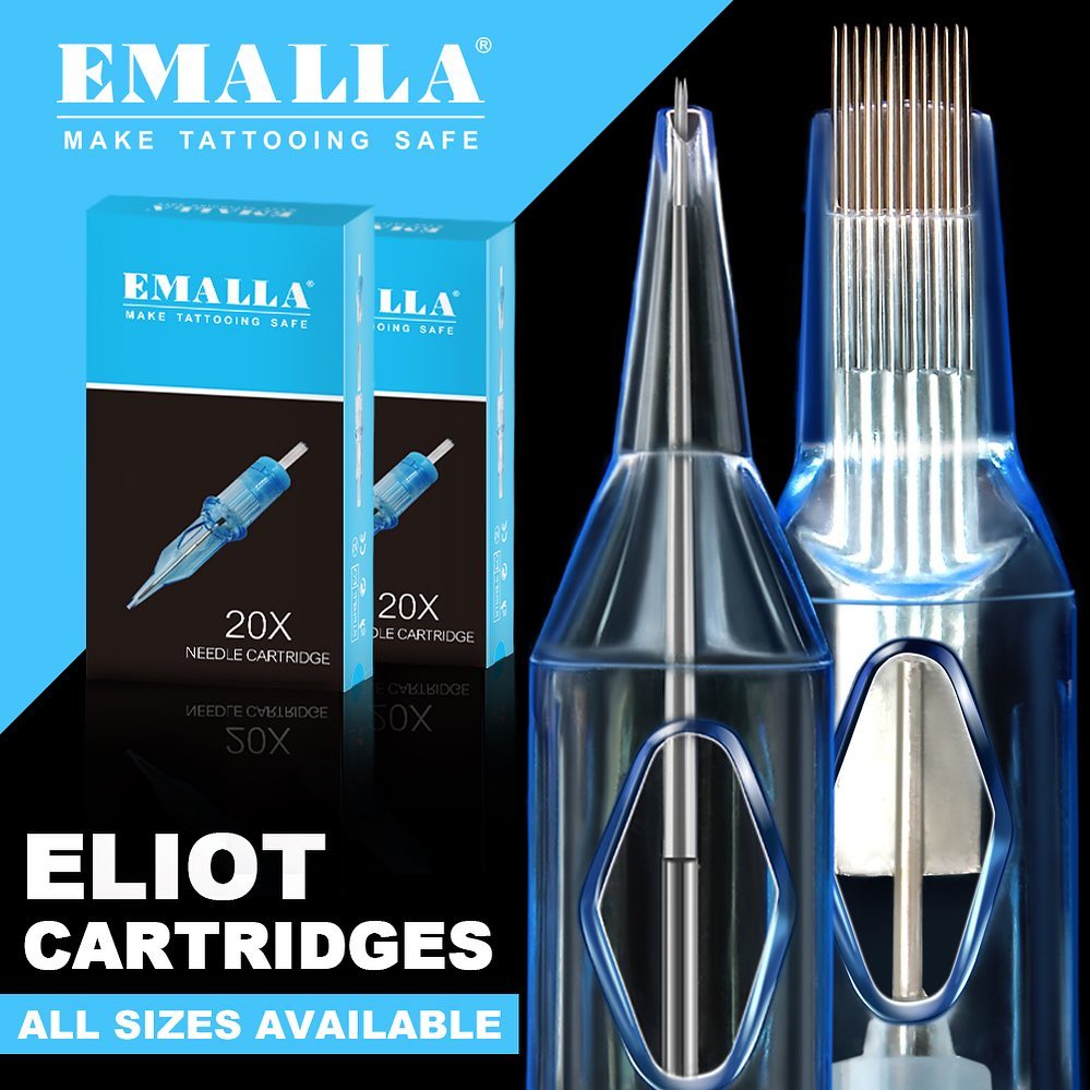 Close-up image of the Emalla Cartridge Needle box with the tagline "Make Tattooing Safe." The box design features a sleek blue and black color scheme with a needle graphic.