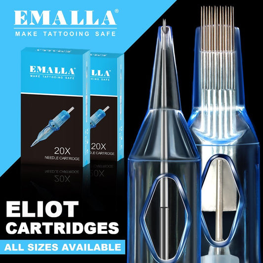 Close-up image of the Emalla Cartridge Needle box with the tagline "Make Tattooing Safe." The box design features a sleek blue and black color scheme with a needle graphic.