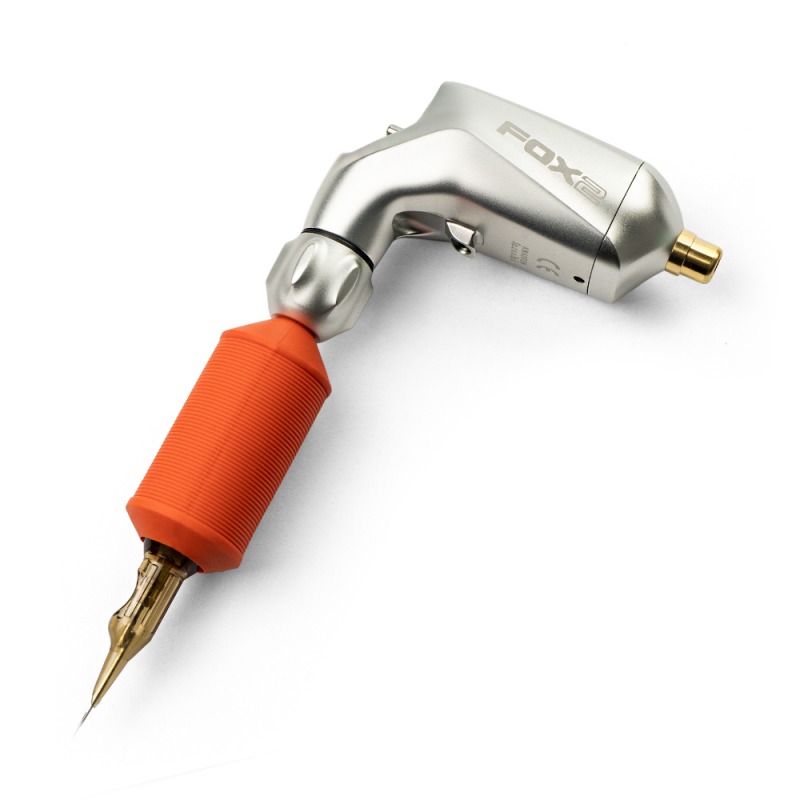 Equaliser Fox Big V2 tattoo machine in silver, showcasing durable aluminum chassis.