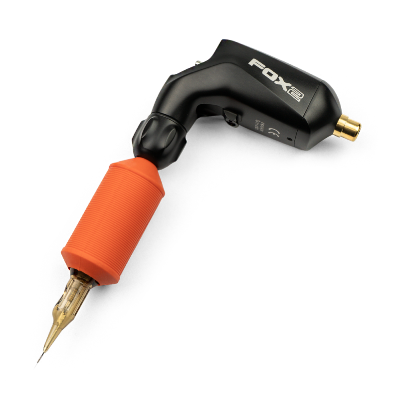 Equaliser Fox Big V2 tattoo machine with orange grip for enhanced ergonomics.
