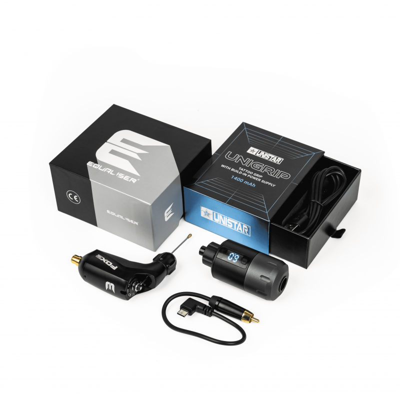EQUALISER FOX BIG V2 and UNISTAR UNIGRIP set – complete tattoo machine system with wireless functionality.