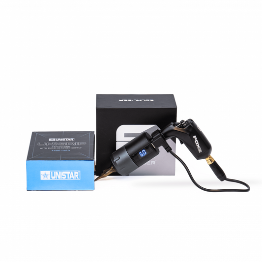 EQUALISER FOX BIG V2 and UNISTAR UNIGRIP set – complete tattoo machine system with wireless functionality.