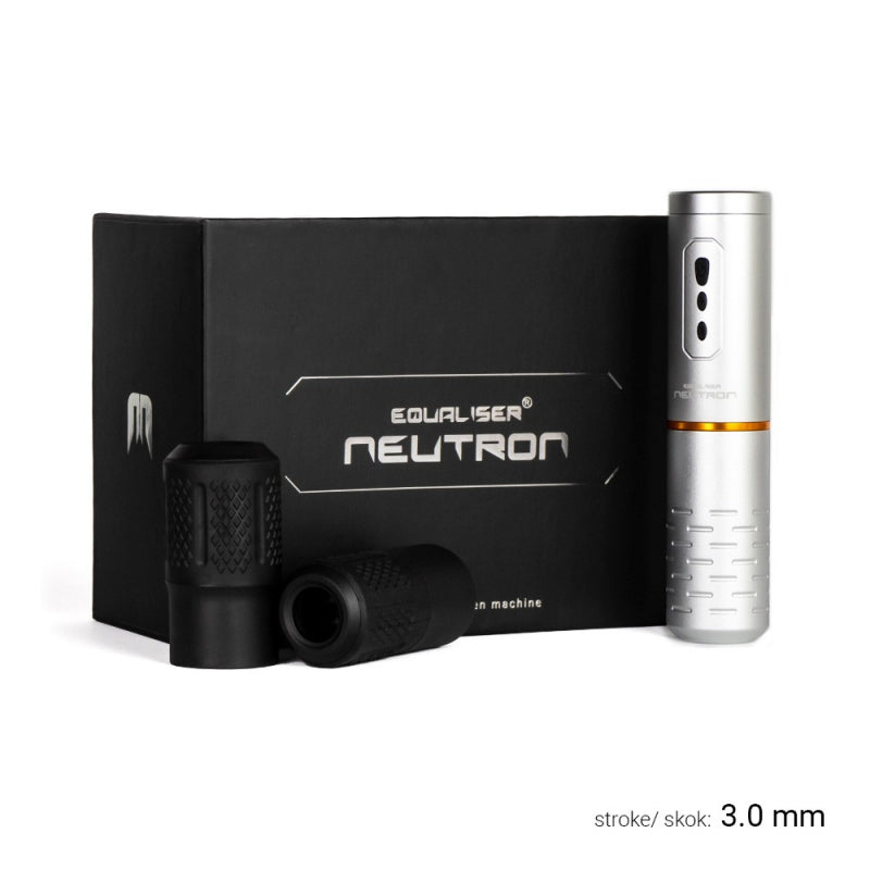 Equaliser Wireless Neutron 3.0 mm in silver with included ergonomic grips and branded box.