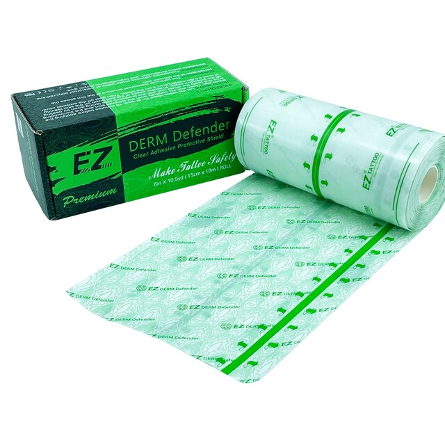 Unrolled EZ Derm Defender Protective Film, highlighting the lightweight and flexible design for tattoo care.