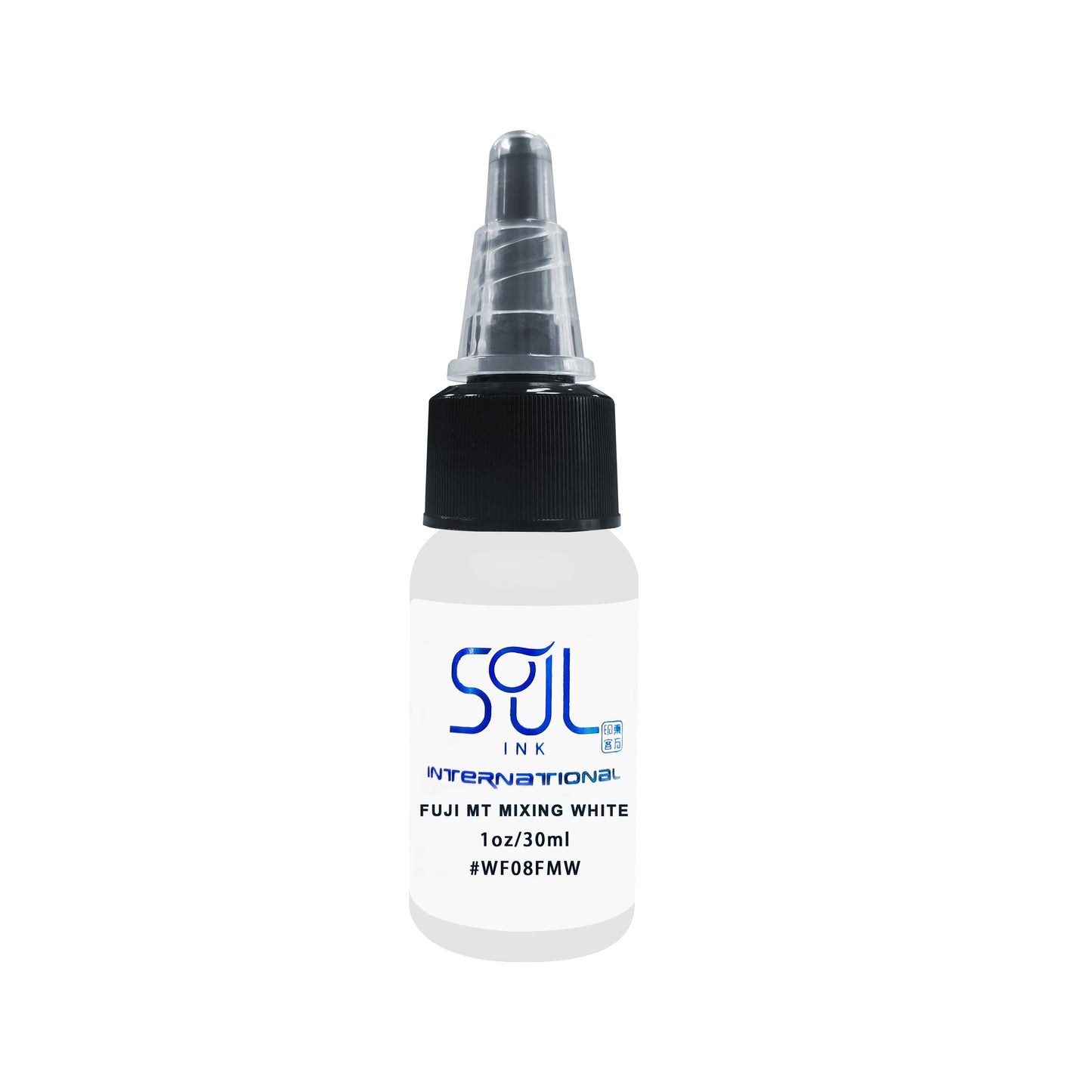Photograph of a bottle of 'Soul Ink' brand fuji mt mixing white ink. The label prominently displays the brand name 'Soul Ink' in stylish blue typography against a white background. The fuji mt mixing white 30 ml bottle with a white label featuring the brands name 'Soul Ink'.