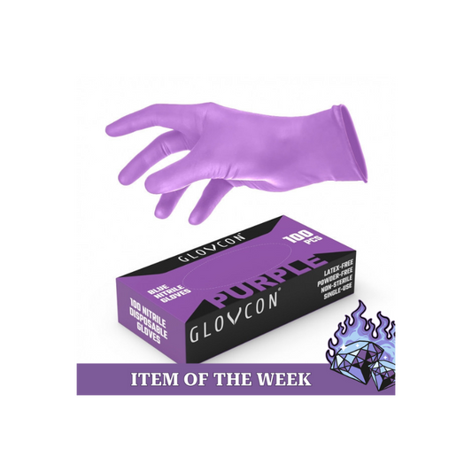 Box of 100 purple Glovcon nitrile gloves for professional use in tattooing, medical, and cosmetic applications.